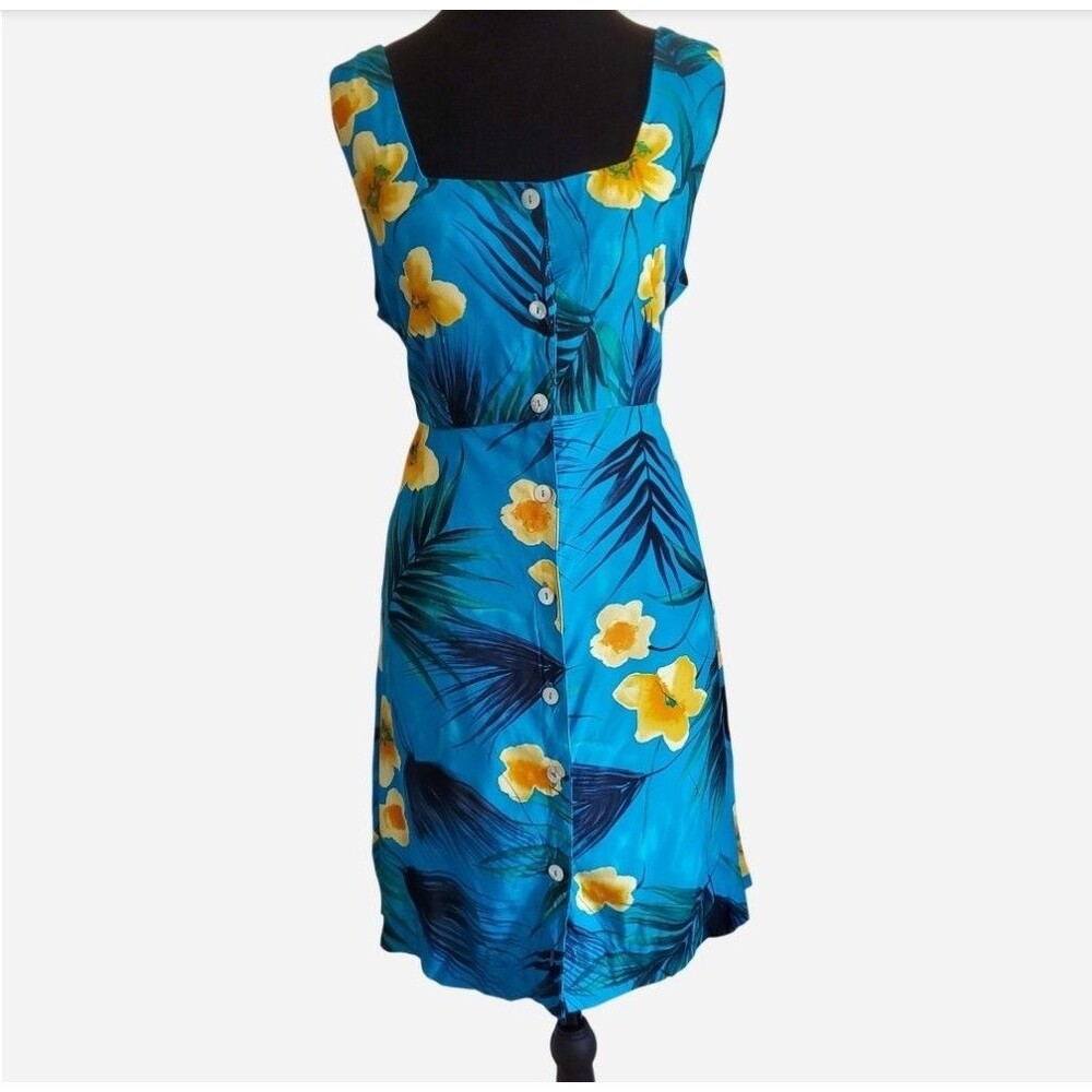 Vtg 90s Robbie Bee Blue Tropical Floral Button Front Midi Dress Size 10 Resort